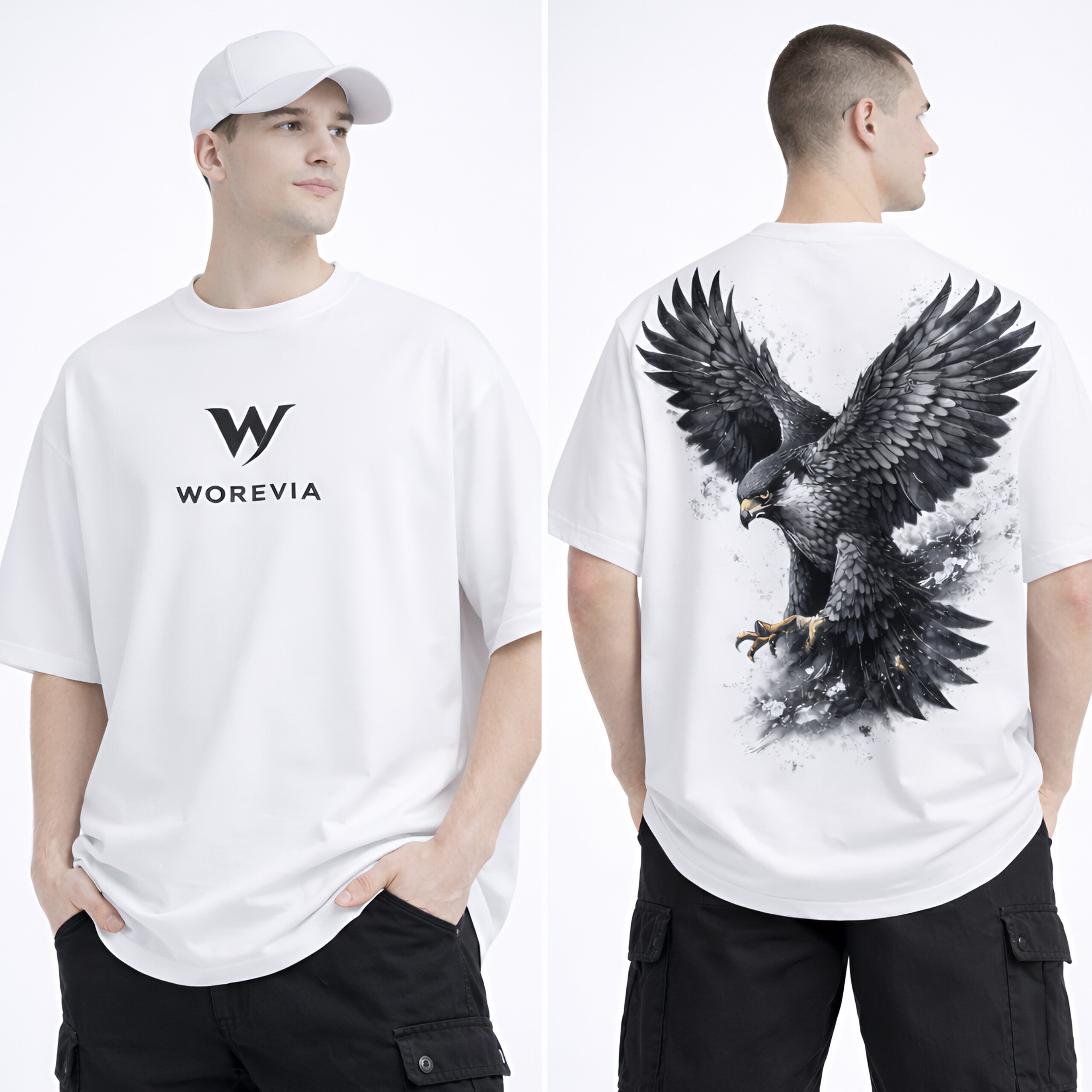 Luxury 250 GSM Oversized  White  T Shirt Signature Eagle Back Artwork WOREVIA